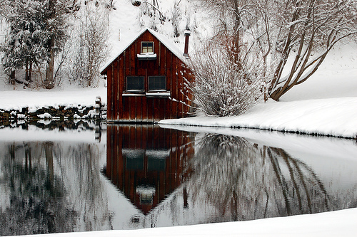 Secluded cabin in winter