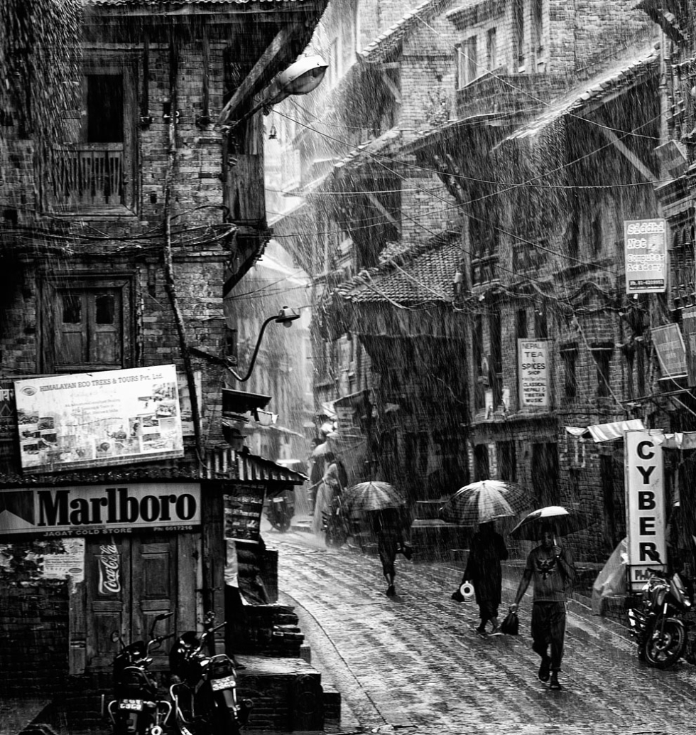 A torrential monsoon rain in Bhaktapur, Nepal