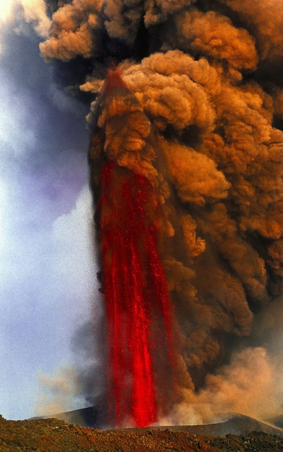 Lava fountain of Mount Etna volcano, Italy