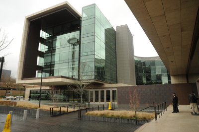 Reflection of the Space Needle in the Bill & Melinda Gates Foundation building, Seattle, Washington, USA