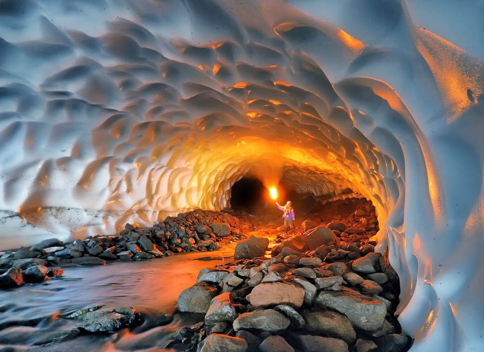 Illuminated snow tunnel, Russia