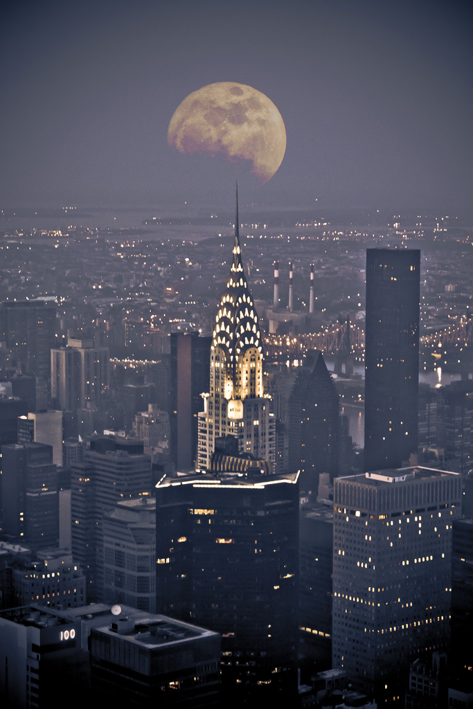 Full winter moon and the Chrysler building, New York