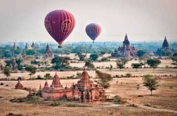 Hot air balloons floating over Bagan, Burma