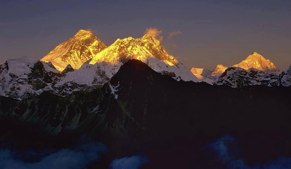 Sunset on Everest, Lhotse and Makalu, in Nepal
