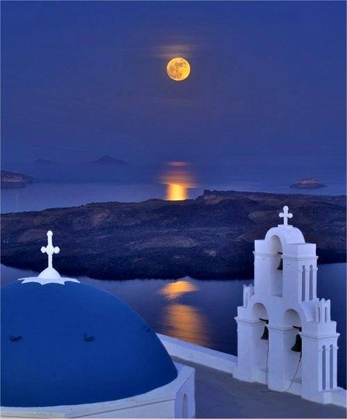 Full moon night over Santorini, Greece