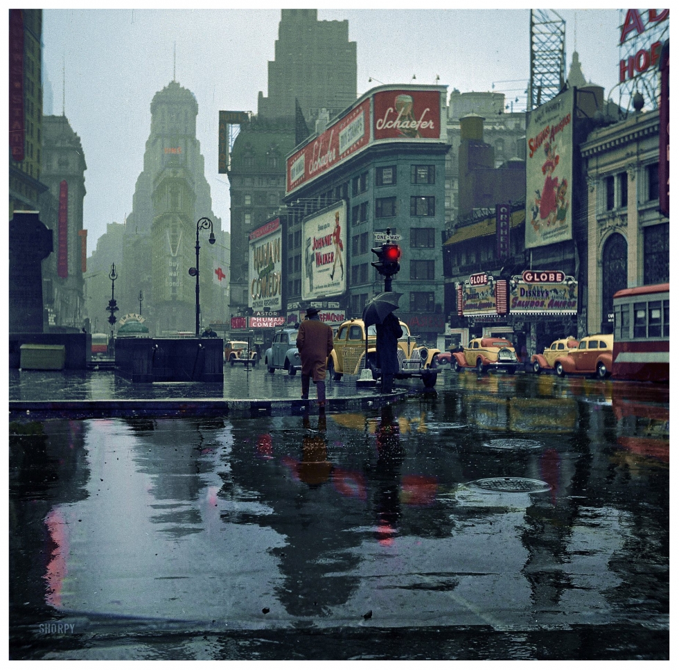 Times Square in the rain, New York, 1943